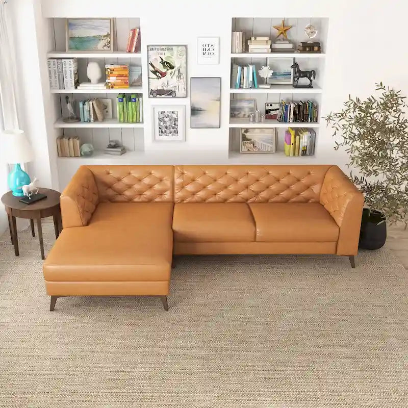 Modern Chesterfield Tufted Top-Grain Leather Corner Sectional Sofa in Cognac Tan