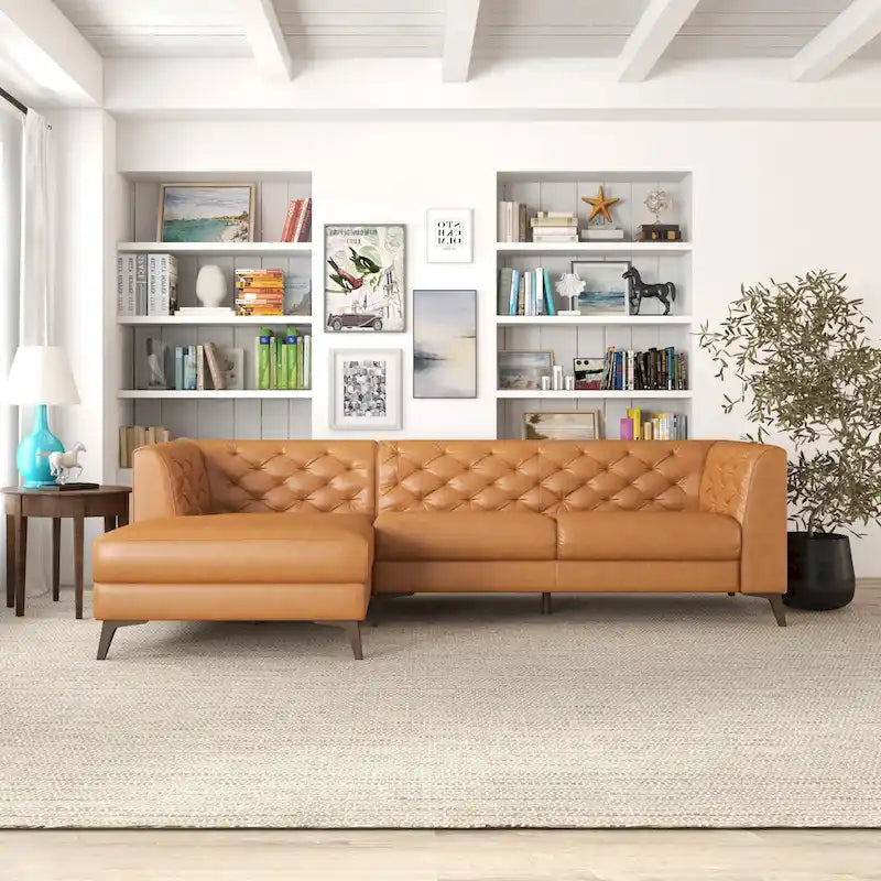 Modern Chesterfield Tufted Top-Grain Leather Corner Sectional Sofa in Cognac Tan
