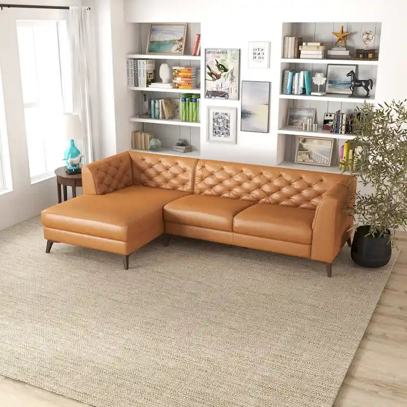 Modern Chesterfield Tufted Top-Grain Leather Corner Sectional Sofa in Cognac Tan