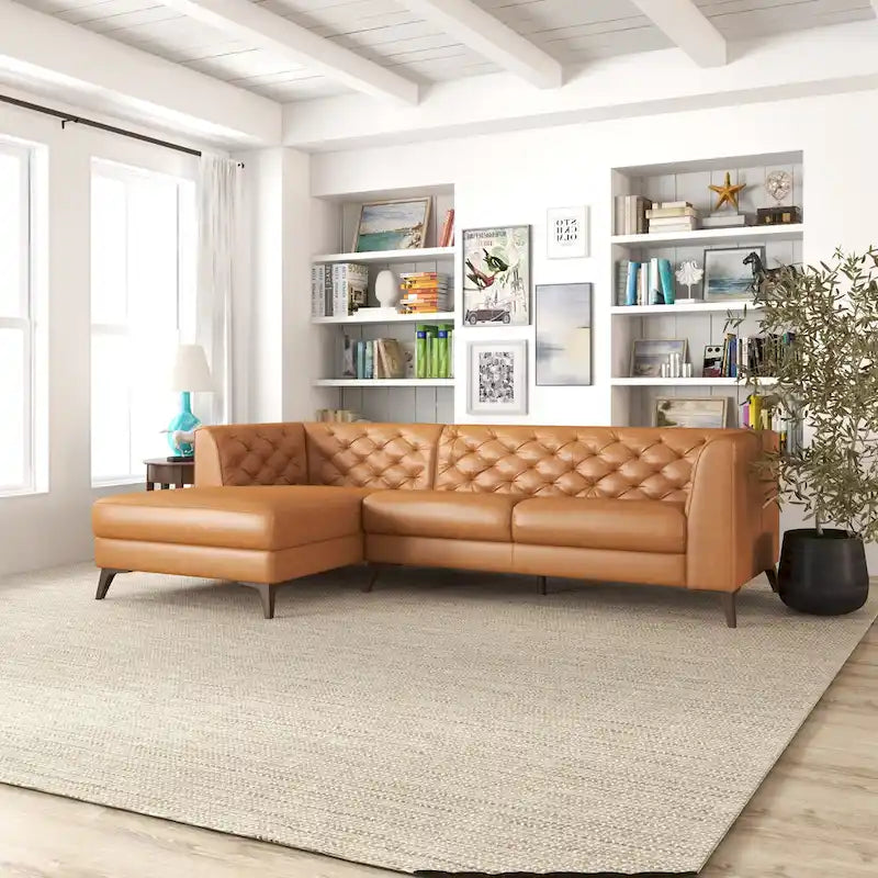 Modern Chesterfield Tufted Top-Grain Leather Corner Sectional Sofa in Cognac Tan