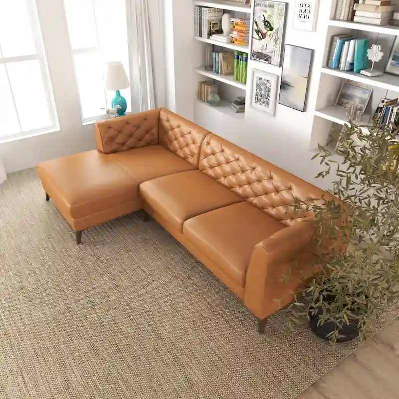 Modern Chesterfield Tufted Top-Grain Leather Corner Sectional Sofa in Cognac Tan