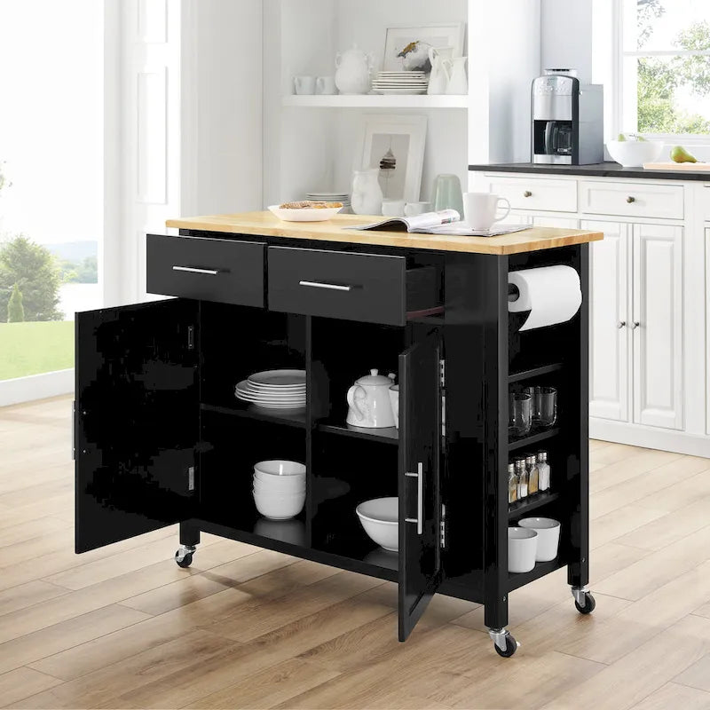 Full-Size Wood-Top Rolling Kitchen Cart - 37H x 42W x 18.25D