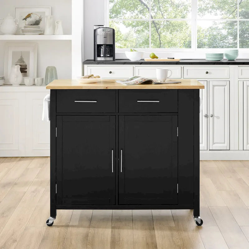 Full-Size Wood-Top Rolling Kitchen Cart - 37H x 42W x 18.25D