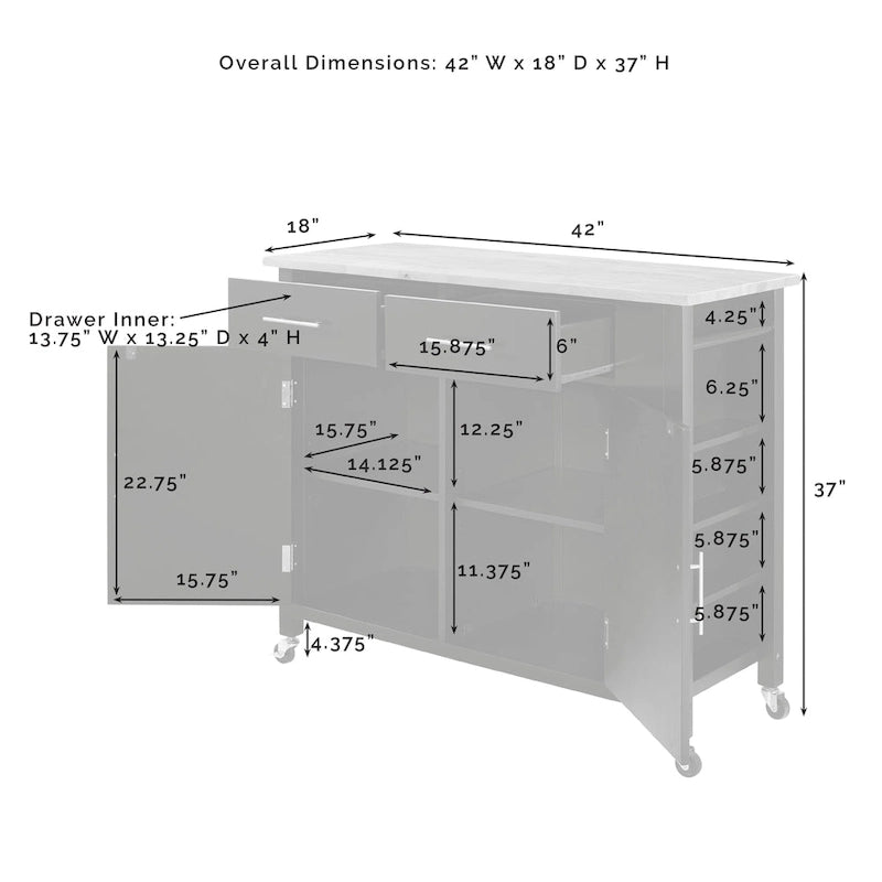 Full-Size Wood-Top Rolling Kitchen Cart - 37H x 42W x 18.25D