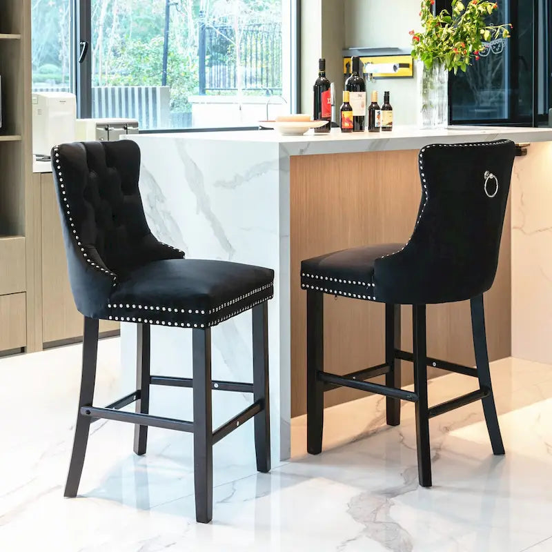 Contemporary Velvet Upholstered Barstools with Button Tufted Decoration and Wooden Legs,Set of 2
