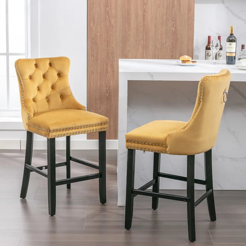 Contemporary Velvet Upholstered Barstools with Button Tufted Decoration and Wooden Legs,Set of 2
