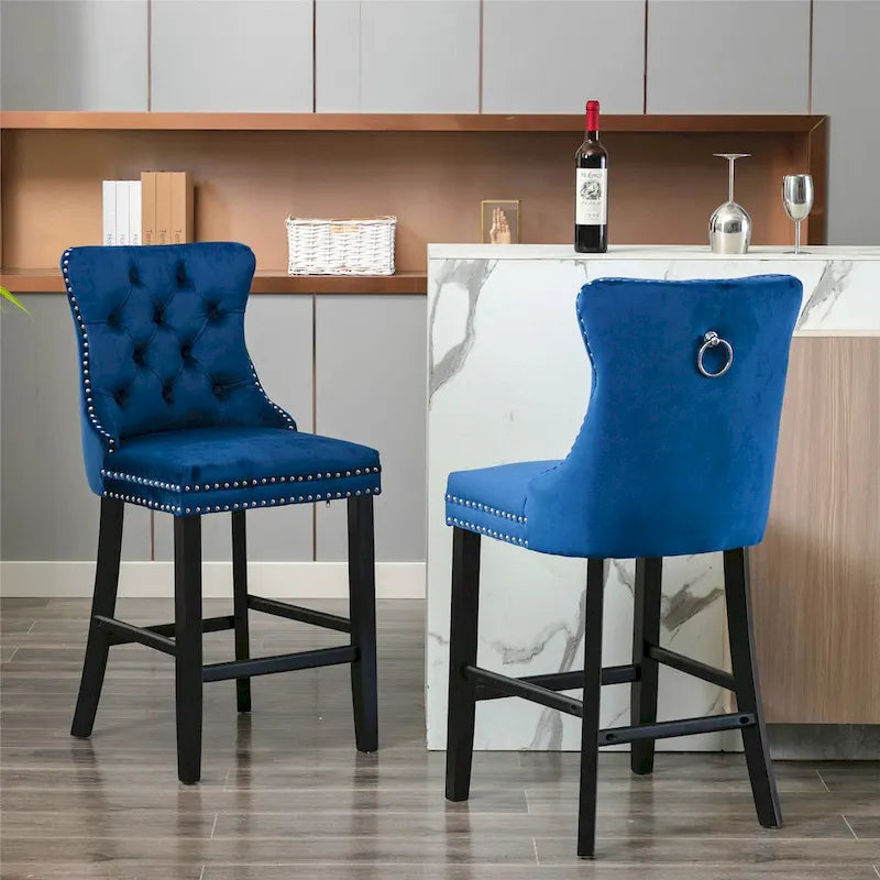 Contemporary Velvet Upholstered Barstools with Button Tufted Decoration and Wooden Legs,Set of 2