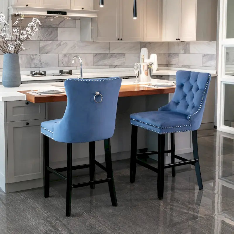 Contemporary Velvet Upholstered Barstools with Button Tufted Decoration and Wooden Legs,Set of 2