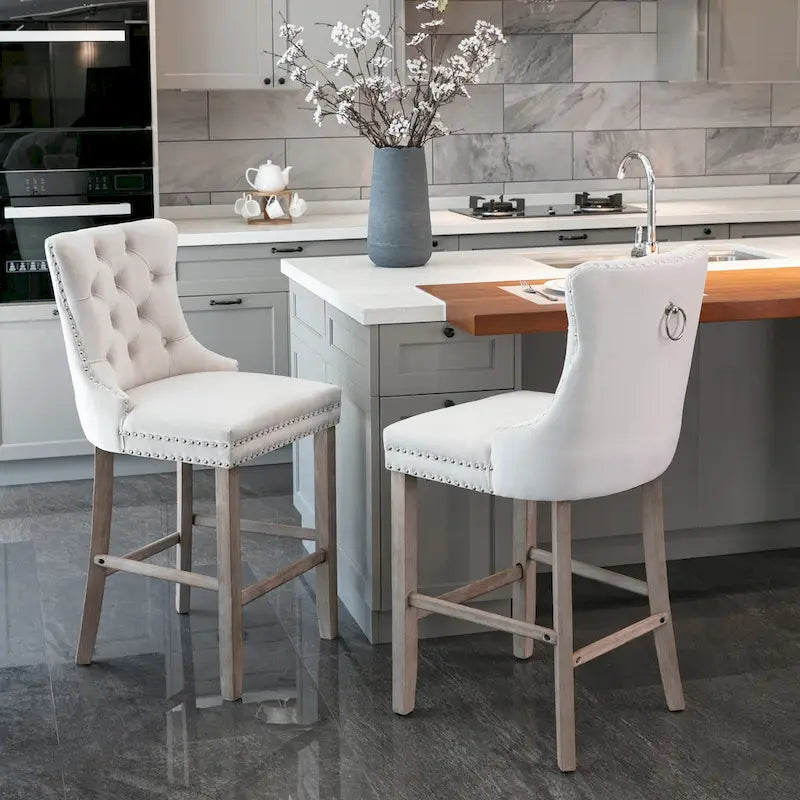 Contemporary Velvet Upholstered Barstools with Button Tufted Decoration and Wooden Legs,Set of 2