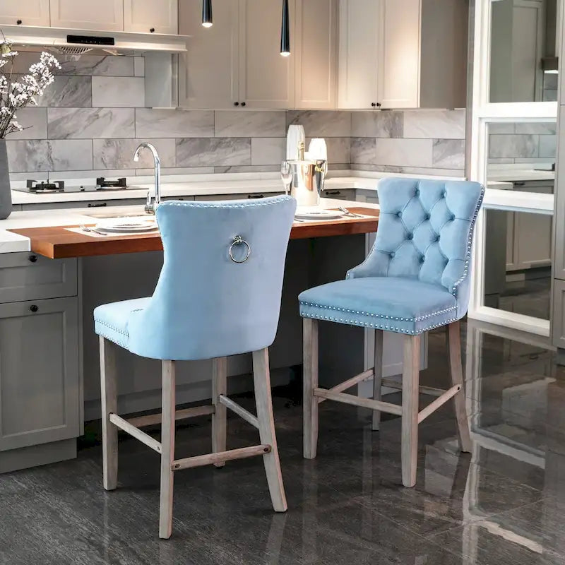 Contemporary Velvet Upholstered Barstools with Button Tufted Decoration and Wooden Legs,Set of 2