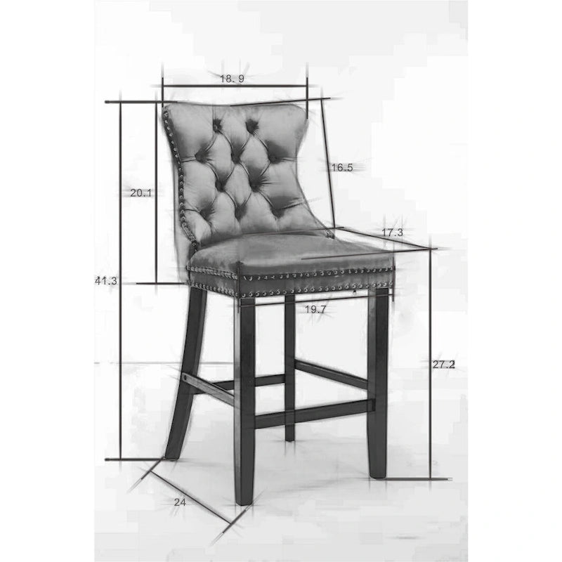 Contemporary Velvet Upholstered Barstools with Button Tufted Decoration and Wooden Legs,Set of 2