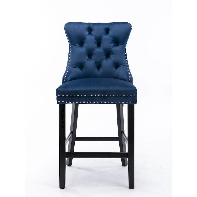 Contemporary Velvet Upholstered Barstools with Button Tufted Decoration and Wooden Legs,Set of 2