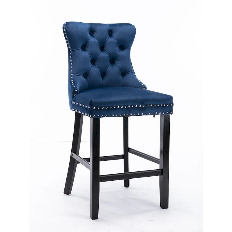 Contemporary Velvet Upholstered Barstools with Button Tufted Decoration and Wooden Legs,Set of 2