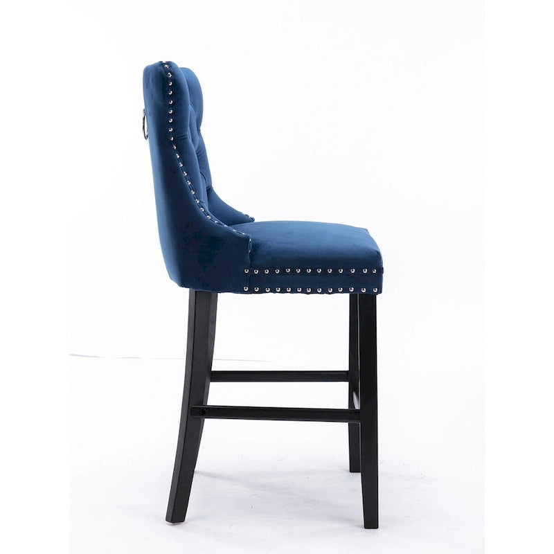 Contemporary Velvet Upholstered Barstools with Button Tufted Decoration and Wooden Legs,Set of 2