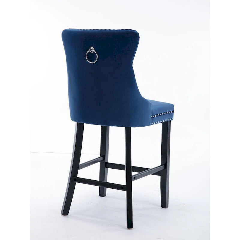 Contemporary Velvet Upholstered Barstools with Button Tufted Decoration and Wooden Legs,Set of 2