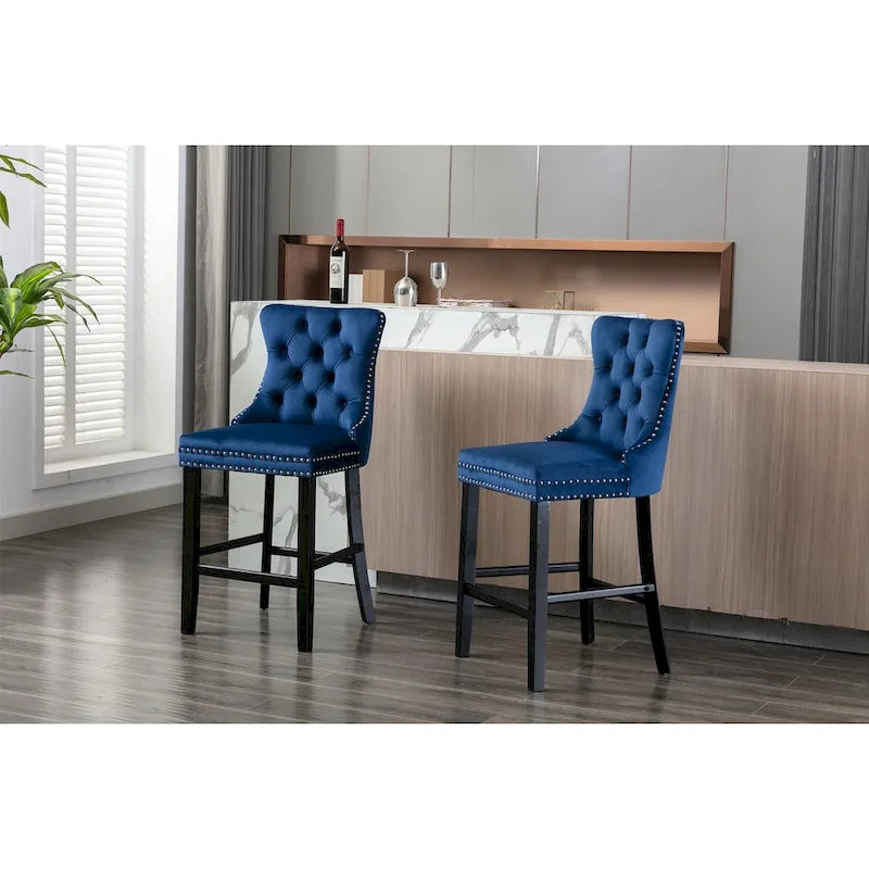 Contemporary Velvet Upholstered Barstools with Button Tufted Decoration and Wooden Legs,Set of 2