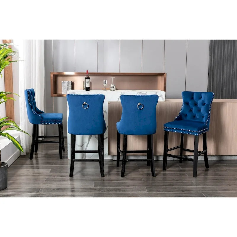 Contemporary Velvet Upholstered Barstools with Button Tufted Decoration and Wooden Legs,Set of 2