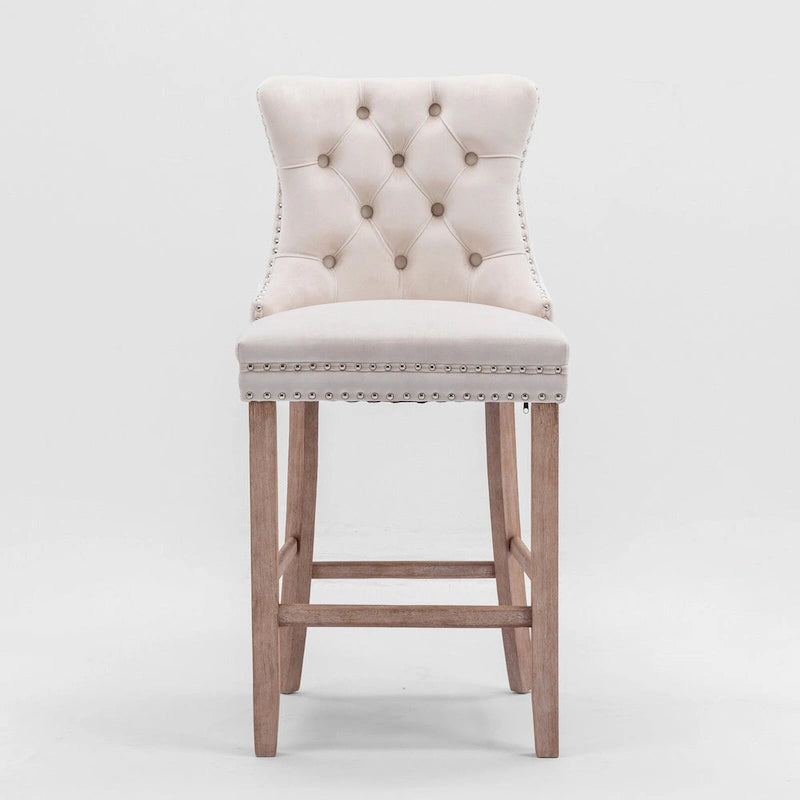 Contemporary Velvet Upholstered Barstools with Button Tufted Decoration and Wooden Legs,Set of 2