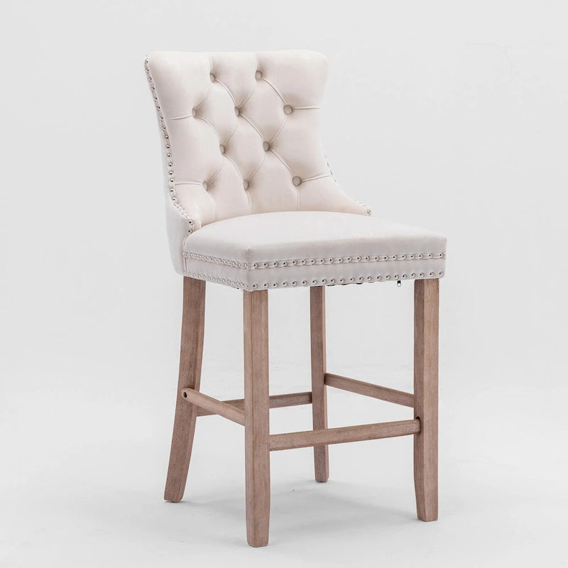 Contemporary Velvet Upholstered Barstools with Button Tufted Decoration and Wooden Legs,Set of 2