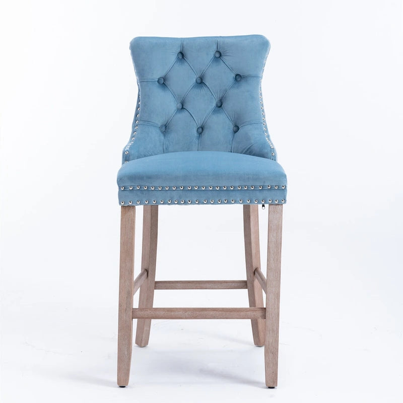 Contemporary Velvet Upholstered Barstools with Button Tufted Decoration and Wooden Legs,Set of 2