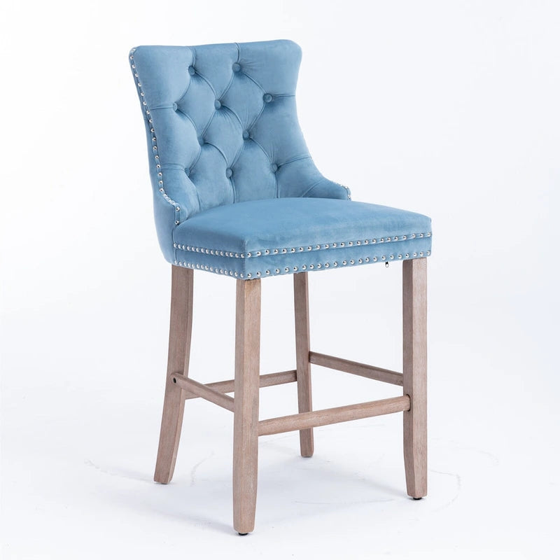Contemporary Velvet Upholstered Barstools with Button Tufted Decoration and Wooden Legs,Set of 2