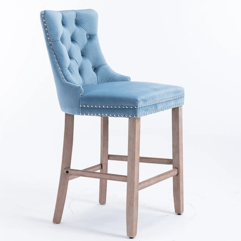 Contemporary Velvet Upholstered Barstools with Button Tufted Decoration and Wooden Legs,Set of 2