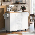 50" Kitchen Island with Rubberwood Top, 3 Drawers & 2 Slide-Out Shelves on Wheels
