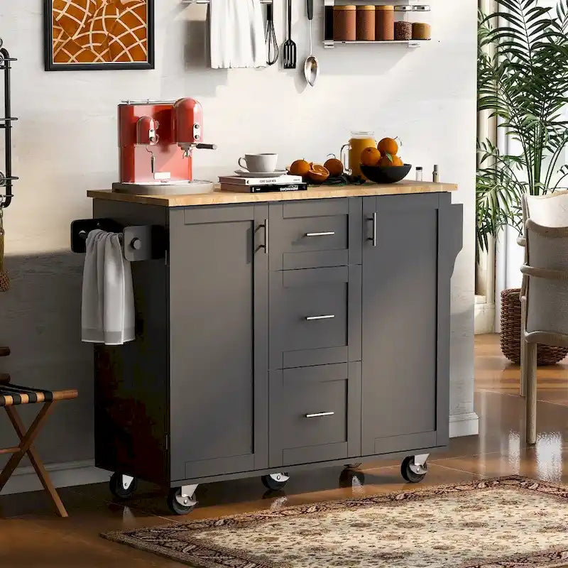 50" Kitchen Island with Rubberwood Top, 3 Drawers & 2 Slide-Out Shelves on Wheels