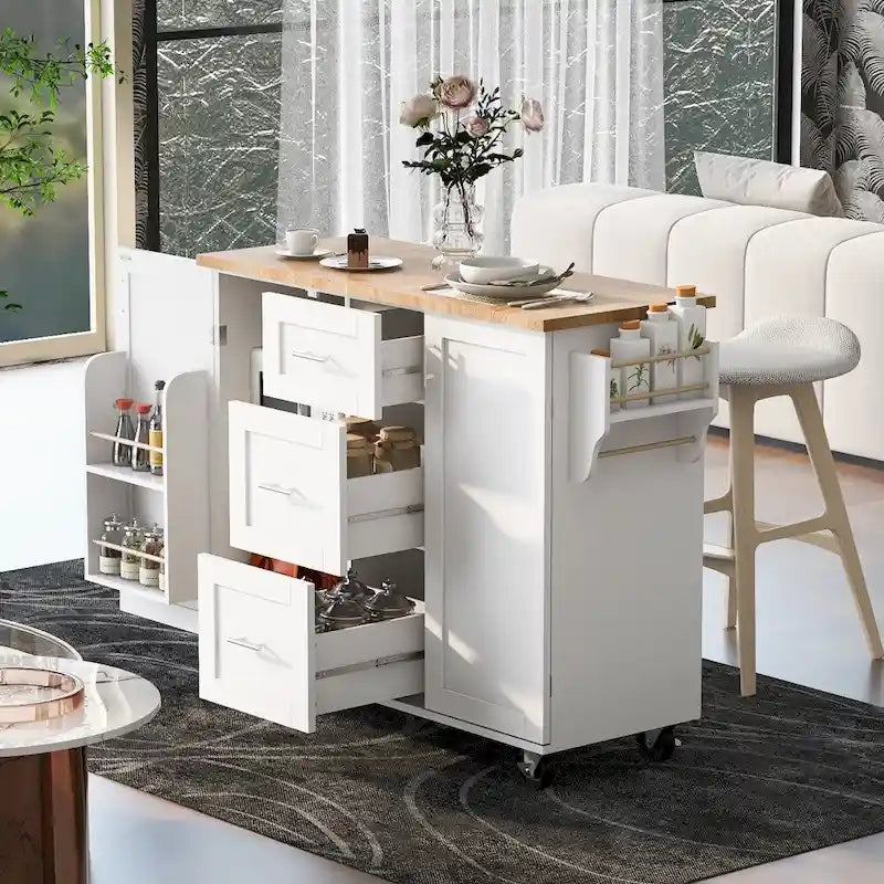 50" Kitchen Island with Rubberwood Top, 3 Drawers & 2 Slide-Out Shelves on Wheels