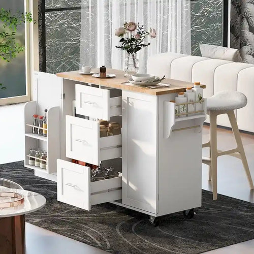 50" Kitchen Island with Rubberwood Top, 3 Drawers & 2 Slide-Out Shelves on Wheels