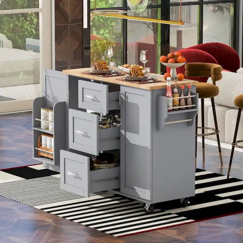 50" Kitchen Island with Rubberwood Top, 3 Drawers & 2 Slide-Out Shelves on Wheels