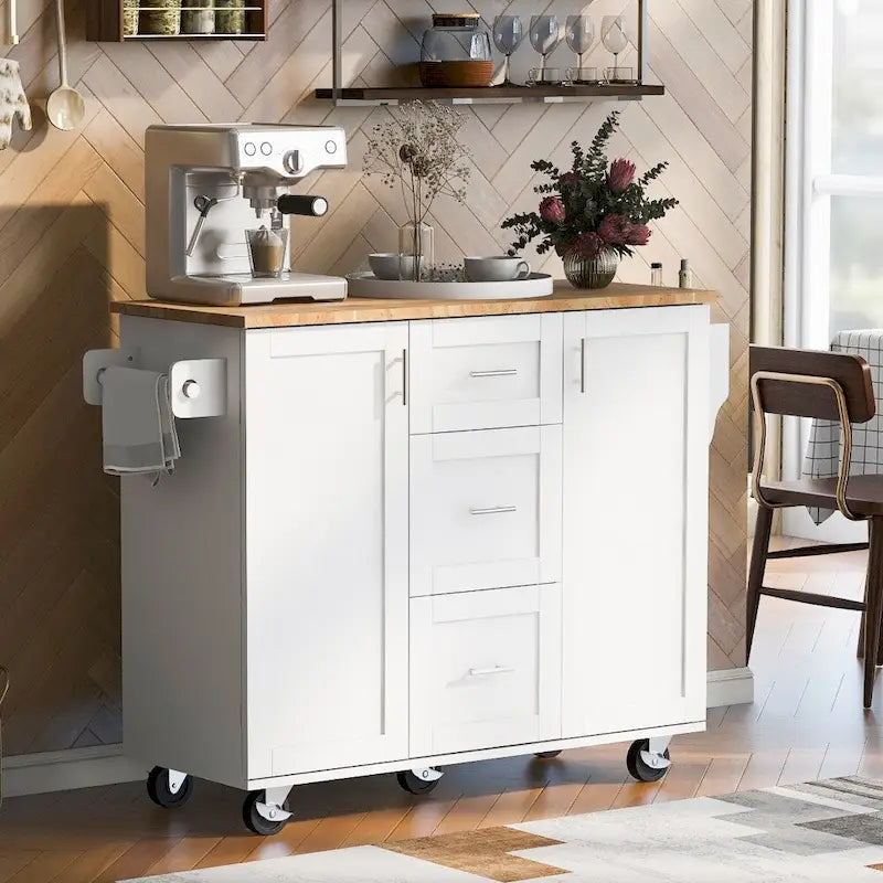 50" Kitchen Island with Rubberwood Top, 3 Drawers & 2 Slide-Out Shelves on Wheels