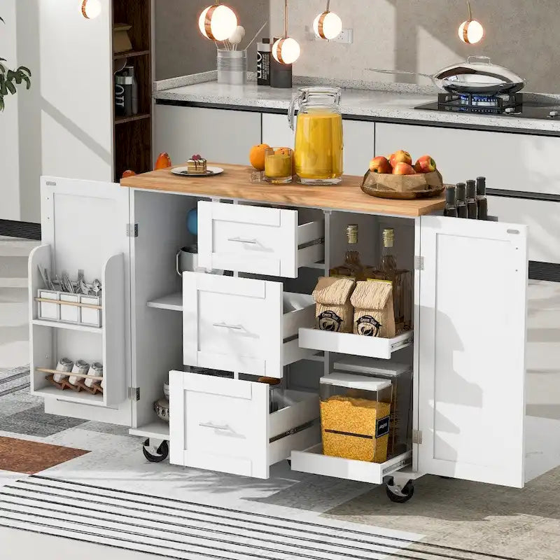 50" Kitchen Island with Rubberwood Top, 3 Drawers & 2 Slide-Out Shelves on Wheels