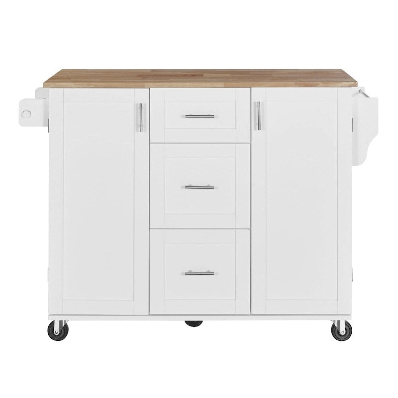 50" Kitchen Island with Rubberwood Top, 3 Drawers & 2 Slide-Out Shelves on Wheels
