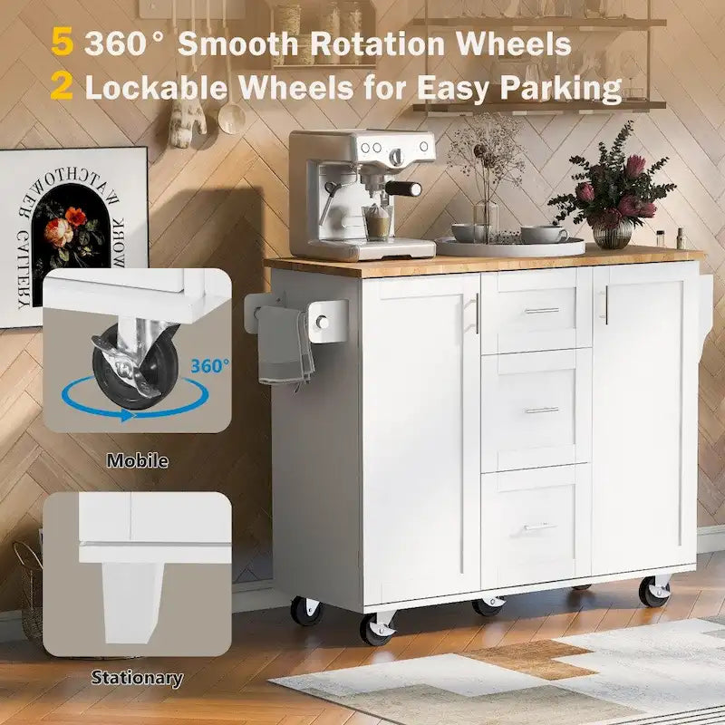 50" Kitchen Island with Rubberwood Top, 3 Drawers & 2 Slide-Out Shelves on Wheels