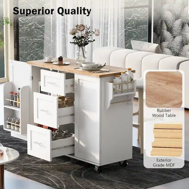 50" Kitchen Island with Rubberwood Top, 3 Drawers & 2 Slide-Out Shelves on Wheels
