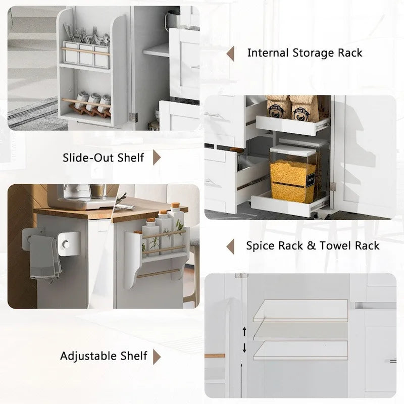 50" Kitchen Island with Rubberwood Top, 3 Drawers & 2 Slide-Out Shelves on Wheels