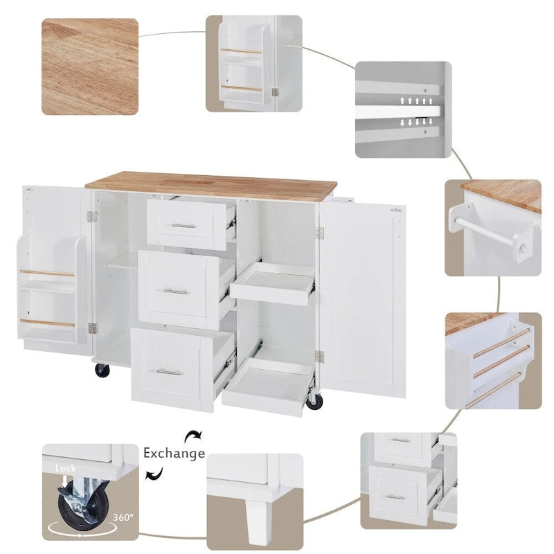 50" Kitchen Island with Rubberwood Top, 3 Drawers & 2 Slide-Out Shelves on Wheels