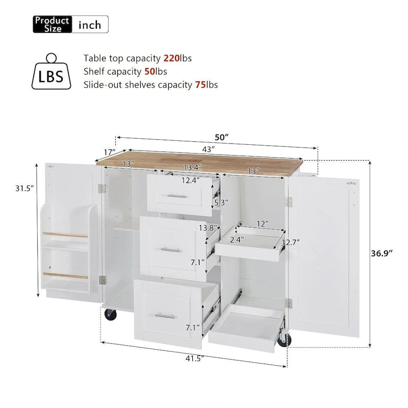 50" Kitchen Island with Rubberwood Top, 3 Drawers & 2 Slide-Out Shelves on Wheels
