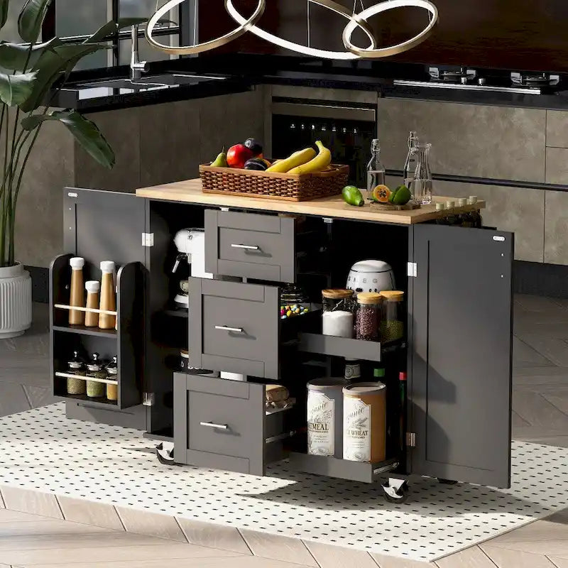 50" Kitchen Island with Rubberwood Top, 3 Drawers & 2 Slide-Out Shelves on Wheels