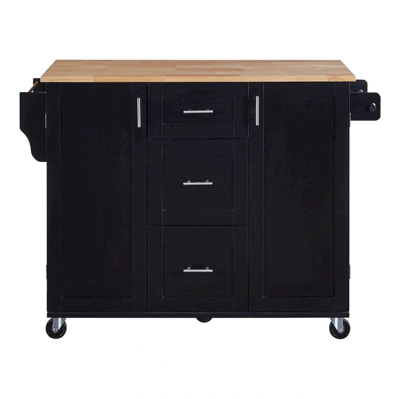 50" Kitchen Island with Rubberwood Top, 3 Drawers & 2 Slide-Out Shelves on Wheels
