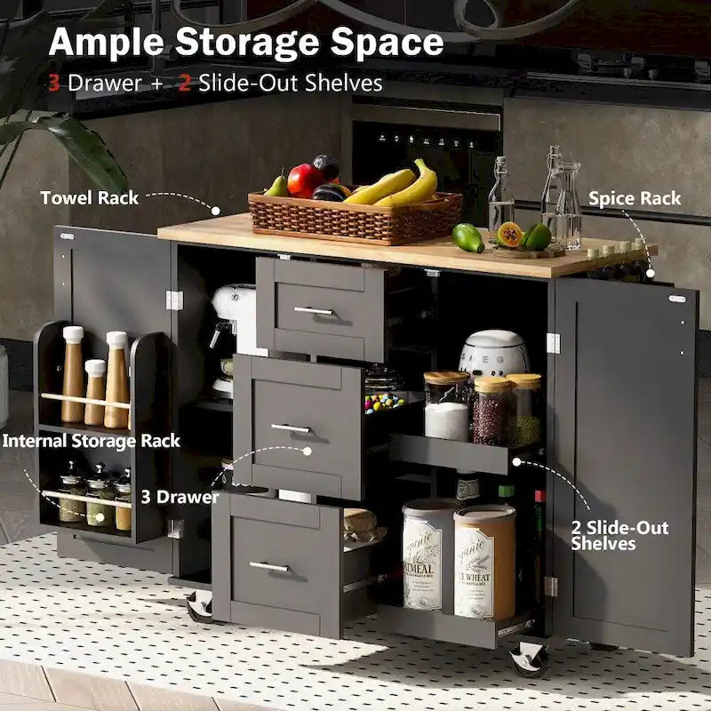 50" Kitchen Island with Rubberwood Top, 3 Drawers & 2 Slide-Out Shelves on Wheels