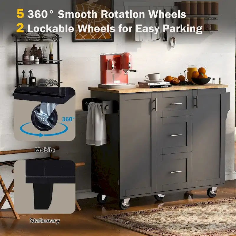50" Kitchen Island with Rubberwood Top, 3 Drawers & 2 Slide-Out Shelves on Wheels