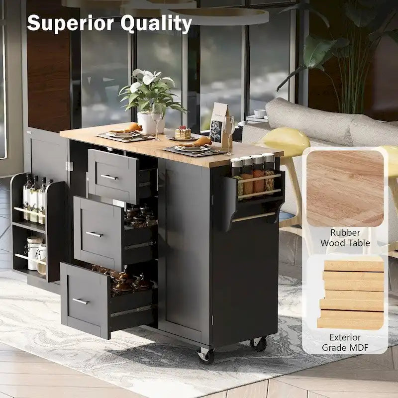 50" Kitchen Island with Rubberwood Top, 3 Drawers & 2 Slide-Out Shelves on Wheels