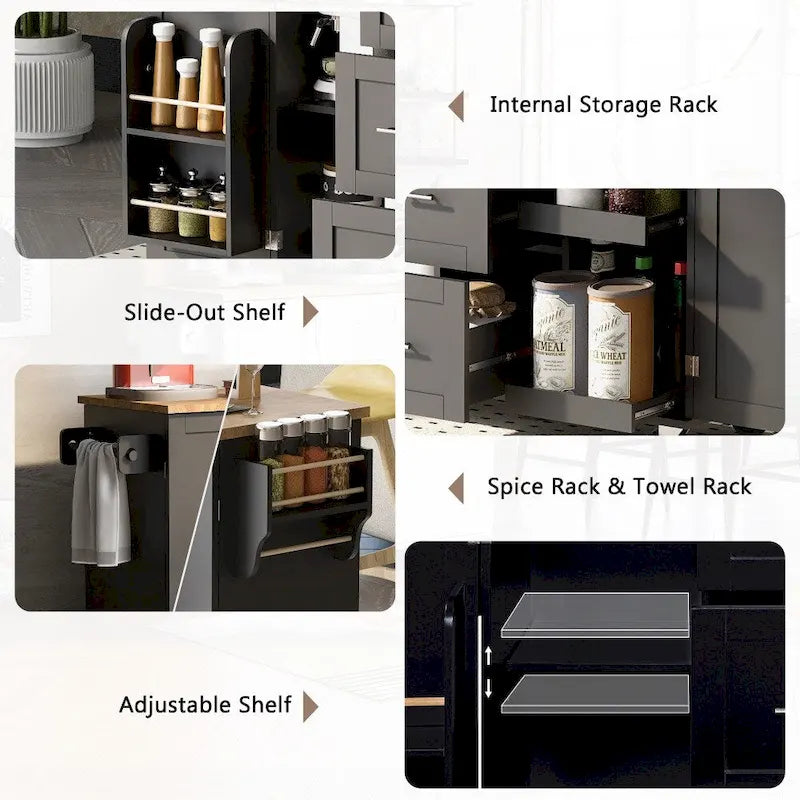 50" Kitchen Island with Rubberwood Top, 3 Drawers & 2 Slide-Out Shelves on Wheels