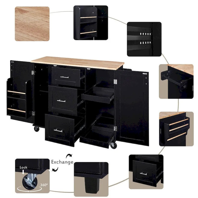 50" Kitchen Island with Rubberwood Top, 3 Drawers & 2 Slide-Out Shelves on Wheels