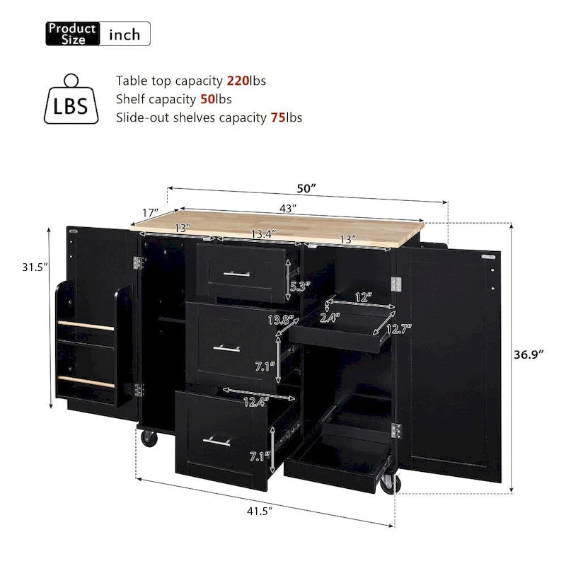 50" Kitchen Island with Rubberwood Top, 3 Drawers & 2 Slide-Out Shelves on Wheels