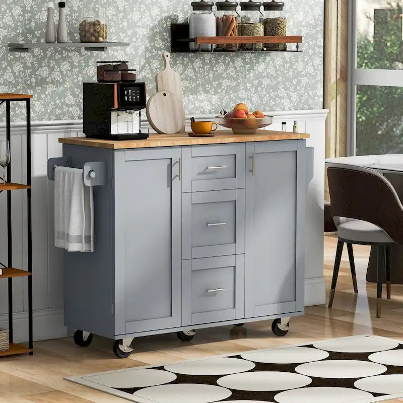 50" Kitchen Island with Rubberwood Top, 3 Drawers & 2 Slide-Out Shelves on Wheels