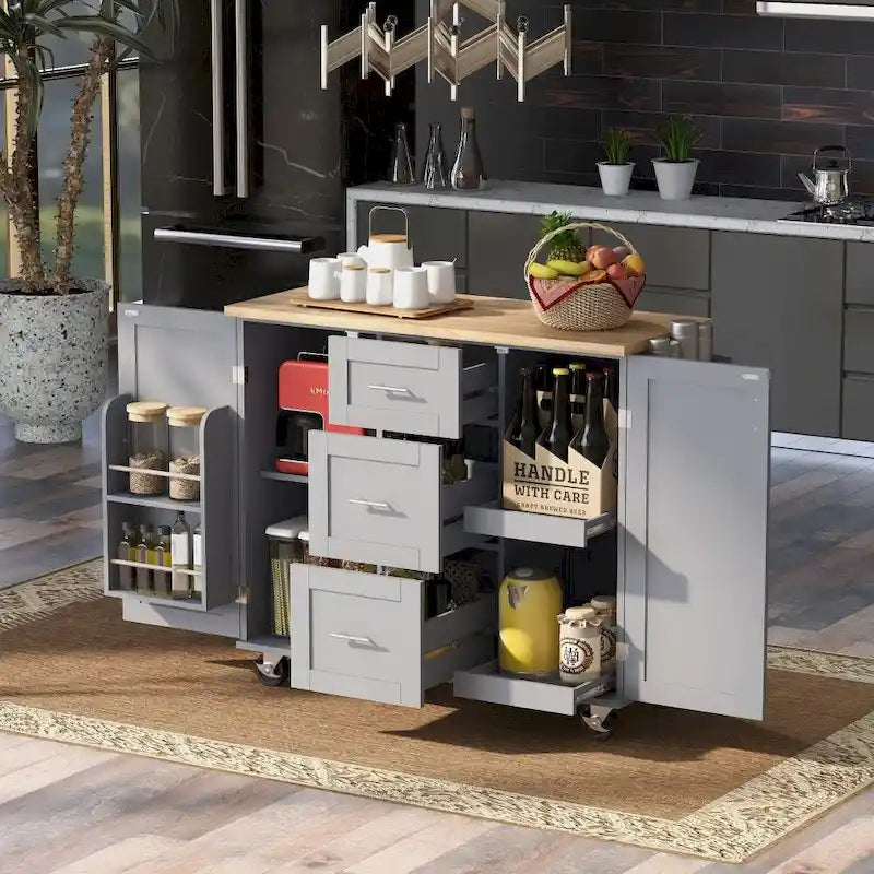50" Kitchen Island with Rubberwood Top, 3 Drawers & 2 Slide-Out Shelves on Wheels
