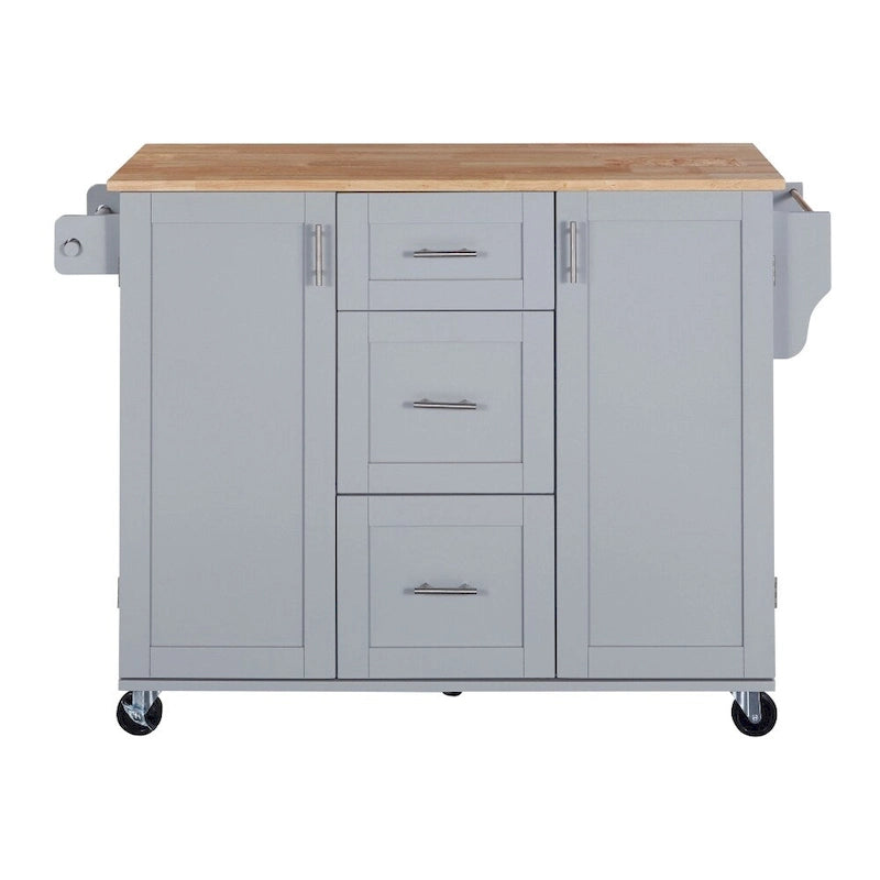 50" Kitchen Island with Rubberwood Top, 3 Drawers & 2 Slide-Out Shelves on Wheels